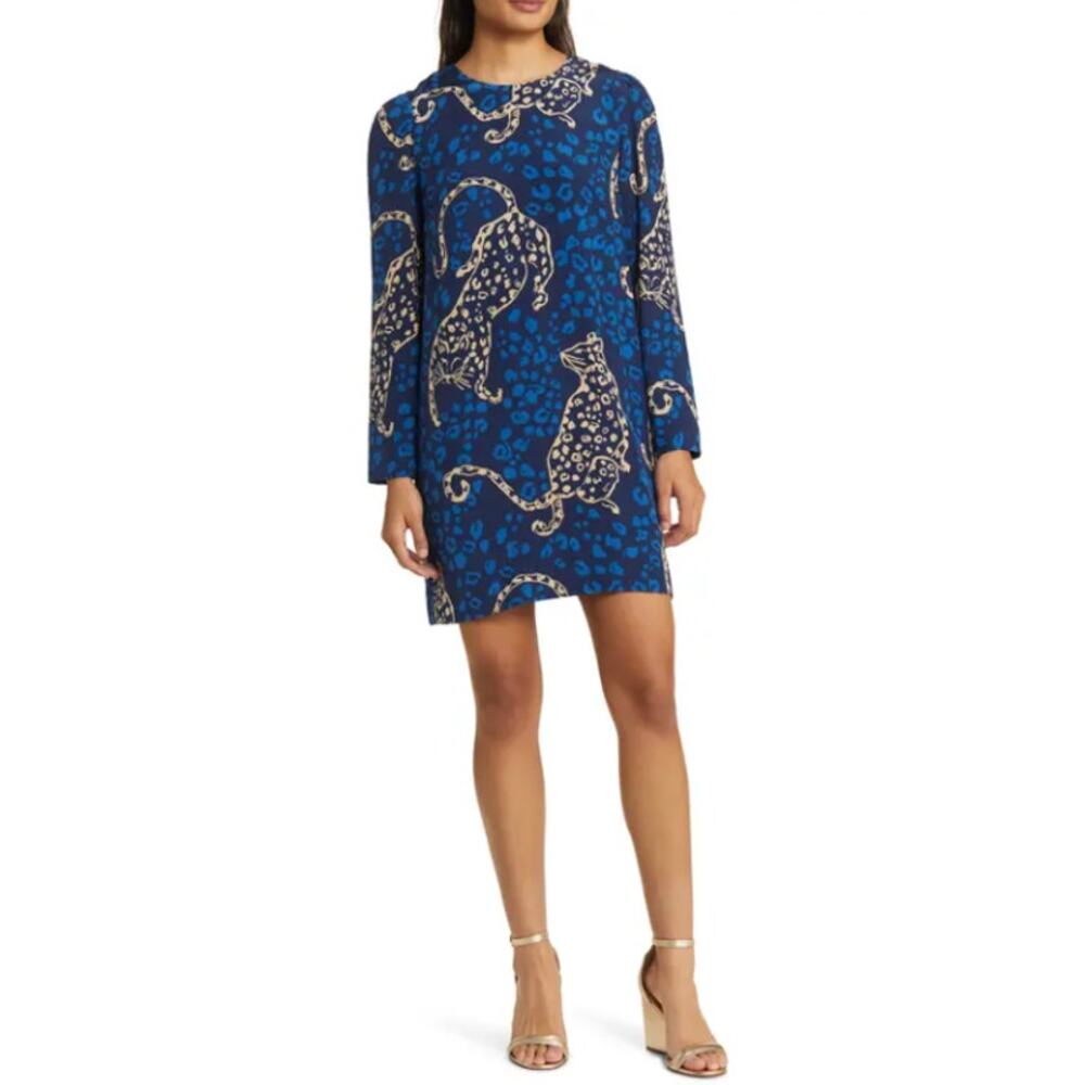 Lilly Pulitzer 100% Silk Tyra Leopard Print Long Puff Sleeve Shift Dress Mini - Picture 13 of 16
